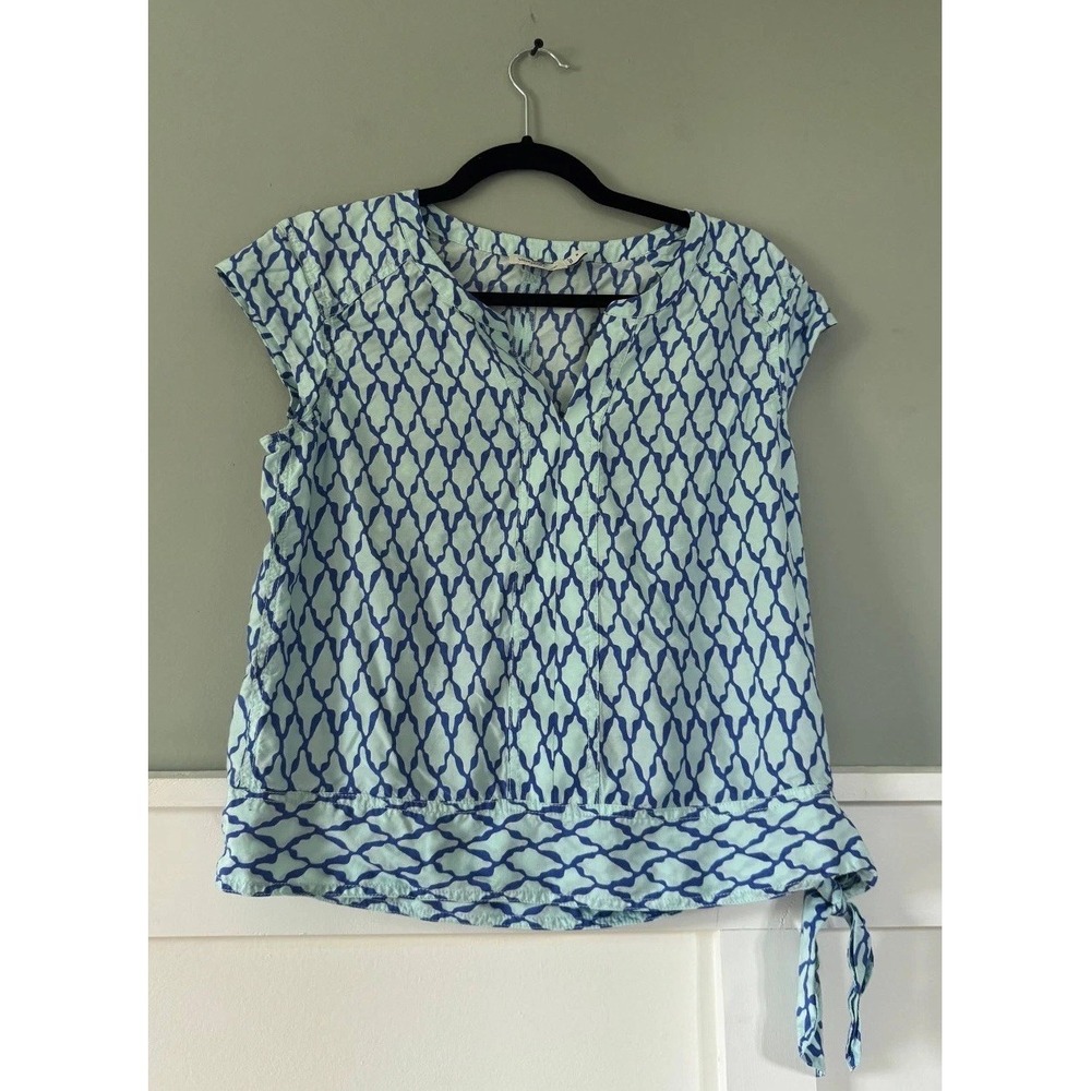 Vineyard Vines Blouse Top Women's 6 Blue Geo Split Neck Lattice Print Cap Sleeve